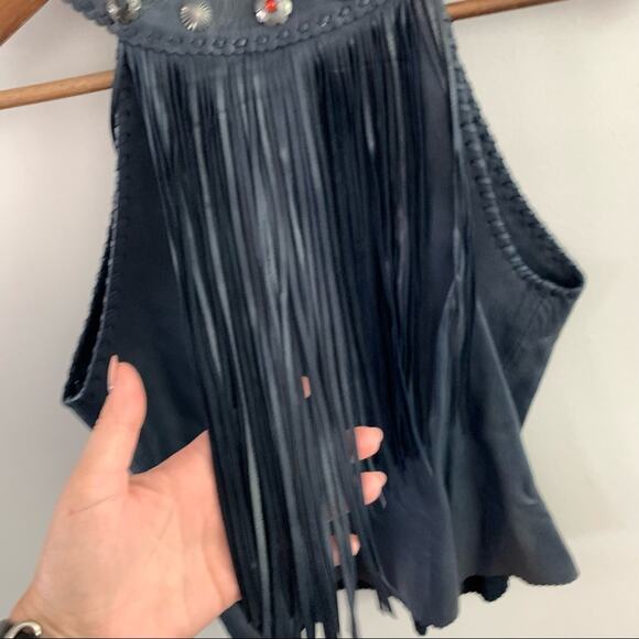 Gossamer Wings Navy Blue Vintage Leather Jacket Tank 2 Set Beaded Navajo Fringe - Picture 13 of 15